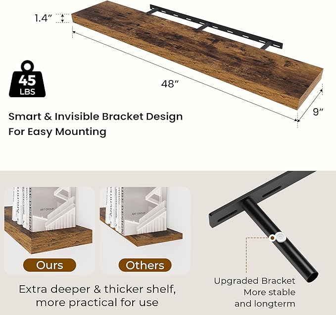 Dreamland 48 Inches Floating Shelves for Wall, 9.3 Inch Deep Floating Shelves Set of 2, Large Display & Storage Shelf, Wall Shelf for Bathroom Bedroom Living Room Kitchen Office,Rustic Brown