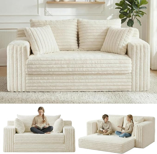 3-in-1 Convertible Sofa Bed: Boneless Loveseat Sleeper & Folding Couch Bed with 4 Pillows & Detachable Cushion,Furry Futon Couch for Bedroom,Apartment,Office and Living Room, No Assembly,Beige