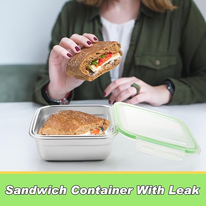 4 Pack Stainless Steel Sandwich Containers with Lids 40.6 oz Metal Food Container for Lunch Boxes with Airtight Silicone Seal for Sandwiches and Snacks(Green)