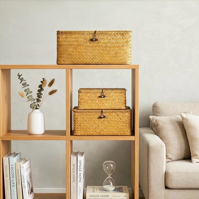 Yesland Shelf Baskets with Lid Set of 3, Handwoven Seagrass Storage Bins Box Rectangular Seagrass Basket Storage Organizer Wicker Basket for Shelf