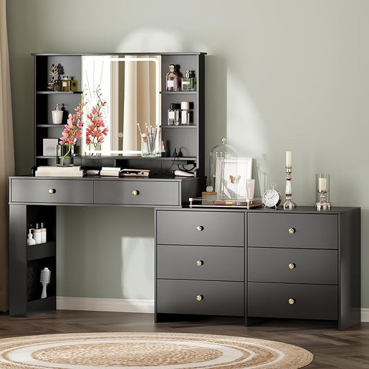 Makeup Vanity Desk with Mirror and Lights, Vanity Desk with 8 Drawers & Storage Shelves, Vanity Table with Power Outlet, 3 Color Modes & Adjustable Brightness Dressing Table, Bedroom,Black