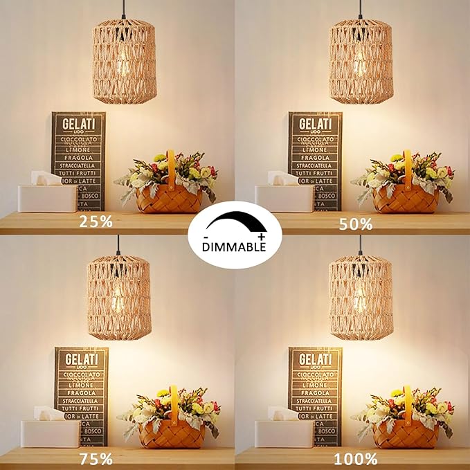 Plug in Pendant Light, Rattan Hanging Lights with Plug in Cord 15ft Dimmable Cord, Hand Woven Wicker Lampshade Hanging Lamp, Boho Plug in Hanging Ceiling Light Fixture for Farmhouse Bedroom