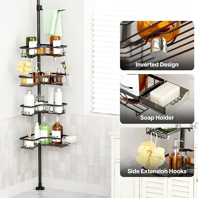 Corner Shower Caddy Tension Pole, 4 Tier Rustproof Shower Tension Rod Organizer with Soap Holder & Hooks, Adjustable 30-121 Inch Bathroom Shelf for Renters - Family Stand Storage Rack, Black