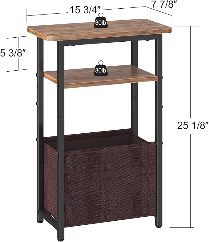 Narrow Side Table Set of 2, Skinny End Tables with Fabric Basket, Small Side Tables for Small Space,2-Tier Open Shelves with Basket, Slim Nightstands Set 2 for Bedroom,Livinroom, Rustic Brown