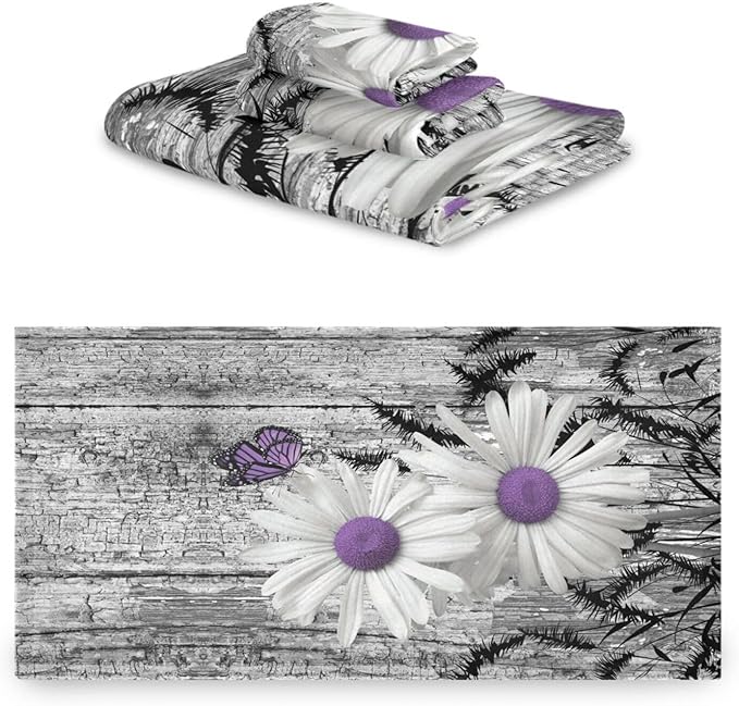 3 Piece Rustic Daisy Bath Towels Set,Microfiber Absorbent Purple Flower Butterfly Grey Barn Farmhouse Towels for Bathroom,1 Bath Towel,1 Hand Towel,1 Washcloth,Decorative Bathroom Towels