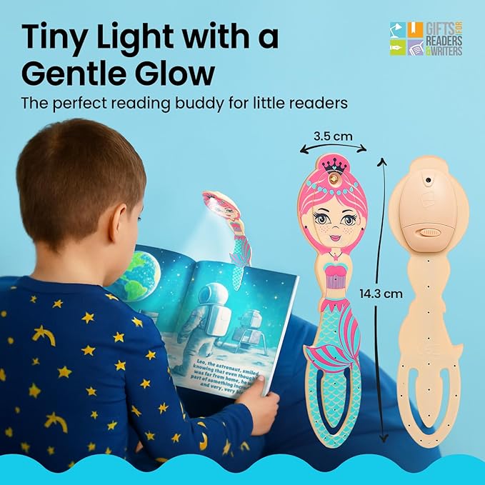 Gifts for Readers & Writers Book Light for Kids, Clip On Reading Light for Bed, 2in1 Flexilight Pals & Bookmark, Small & Lightweight with a Soft Glow, 2 Batteries Included, Mermaid Teal