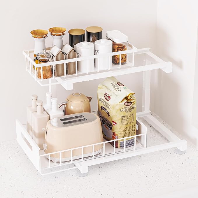 Under Sink Organizer, Heavy Duty Metal Slide Out Sink Shelf Organizer Height Adjustable, Multi-Purpose Storage Shelf for Kitchen Bathroom (White,2Pack)