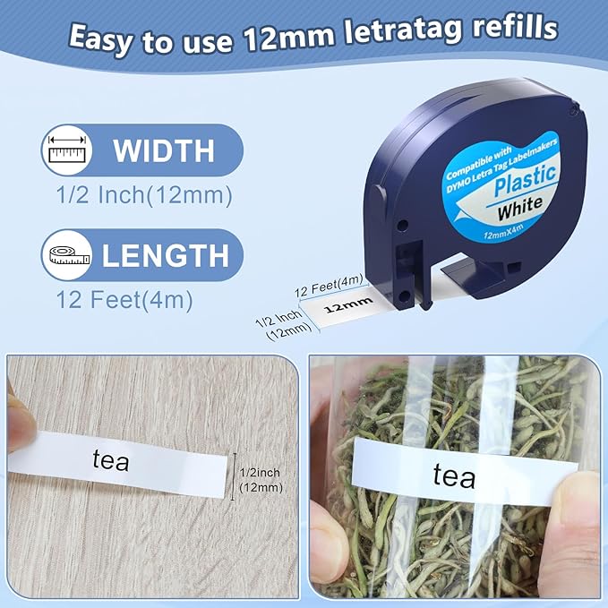 20 Pack Compatible with Dymo Letratag Refills 91201 91331 S0721660 Label Maker Tape White Plastic 12mm x 4m 1/2" x 13', Work with Dymo Letra Tag LT-100H LT-100T Plus 200B QX50 XR XM 2000