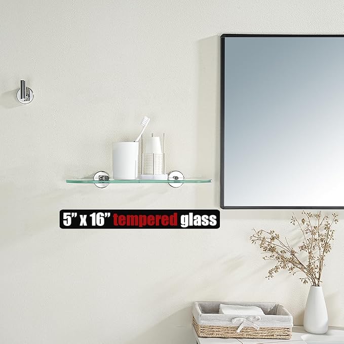 JQK Bathroom Glass Shelf Chrome, Tempered Glass Shower Storage 16 by 5 inches, 304 Stainless Steel Polished Chrome Wall Mount, TGS121L16-CH