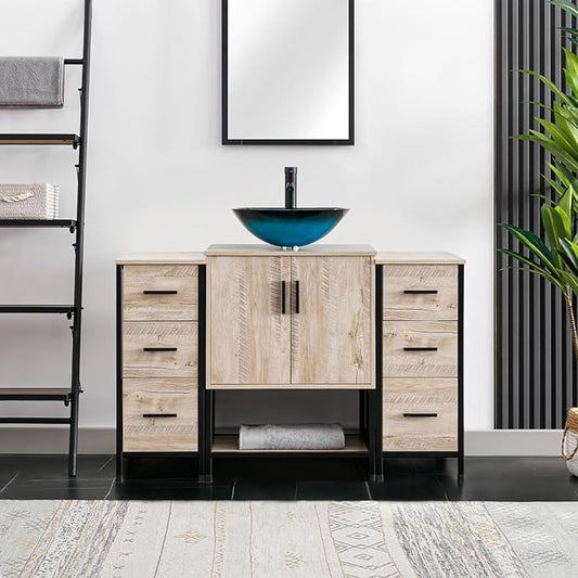 eclife 48" Bathroom Vanity Sink Combo Modern Metal Stand Cabinet W/Bottom Shelf & Storage Side Cabinets Turquoise Square Vessel Sink & Water Save Faucet & Pop Up Drain, Oak (A10)