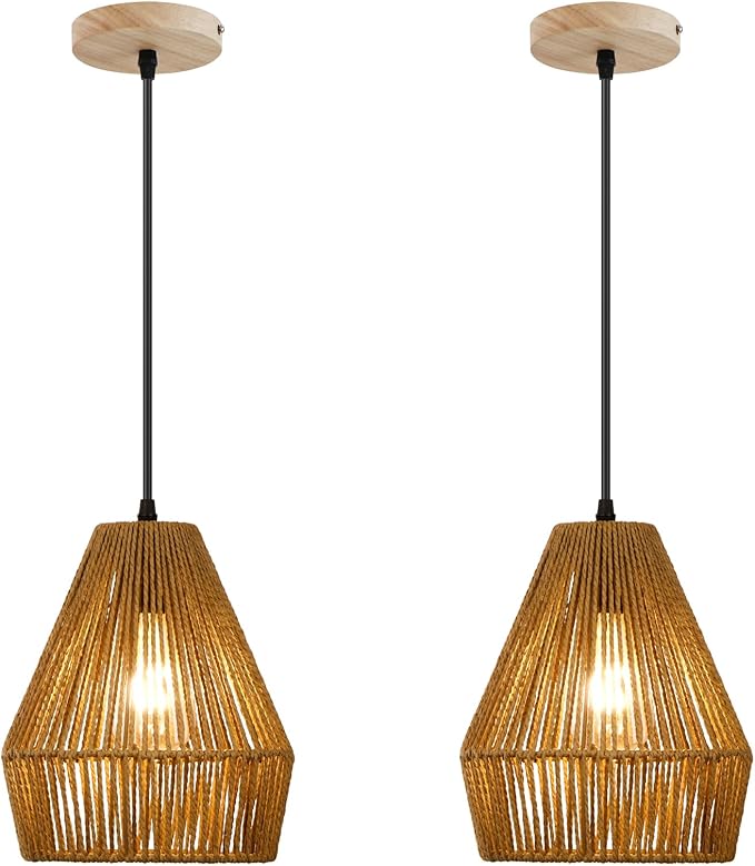 8.7'' Woven Rattan Pendant Light Fixtures, Boho Kitchen Island Pendant Lights Set of 2 with Handwoven Wicker Shade, Natural Coastal Light Fixture Hanging for Bedroom Bar Foyer Hallway