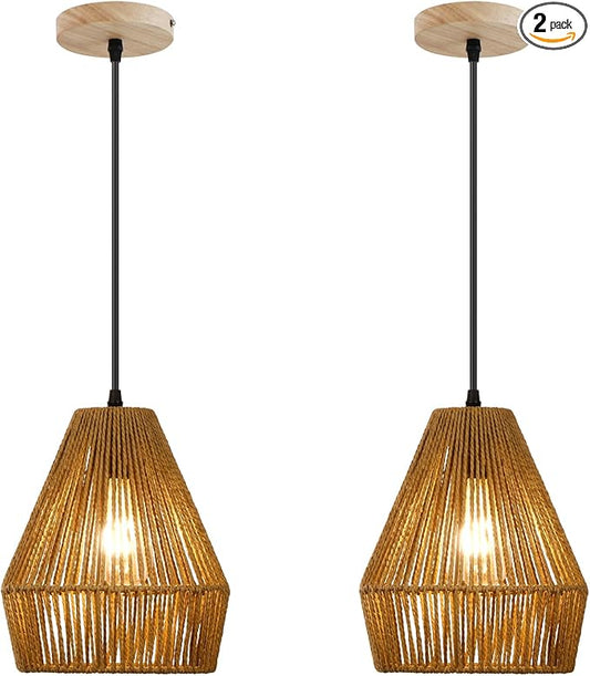 8.7'' Woven Rattan Pendant Light Fixtures, Boho Kitchen Island Pendant Lights Set of 2 with Handwoven Wicker Shade, Natural Coastal Light Fixture Hanging for Bedroom Bar Foyer Hallway