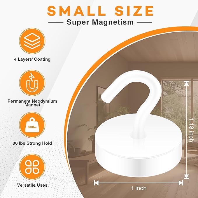 Neosmuk Magnetic Hooks, Cruise Ship Essentials, 8lb+ Heavy Duty Magnetic Hooks for Cruise Cabins, Refrigerator, Grill, Hanging, and Travel | Extra Strong Must-Haves Magnet Hook,White,4 Pack