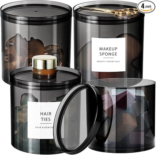 SheeChung 4-Pack Large 20oz Black Stackable Qtip Holder - Translucent Apothecary Jars with Storage Lids - Modern Bathroom Countertop Organizer for Cotton Balls, Pads, & Salts