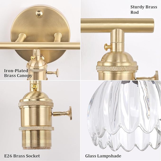 Battery Operated Bathroom Light Fixtures, 3-Light Brass Vanity Wall Light with 5000mAh Rechargeable Bulb Over Mirror with Clear Tulip Glass Shade for Bedroom Living Room