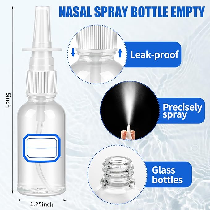 10 Pcs Nasal Spray Bottles, 30ML/1oz Transparent Glass Refillable Fine Mist Empty Clear Nasal Spray Bottle with 2 Funnels and 2 Labels