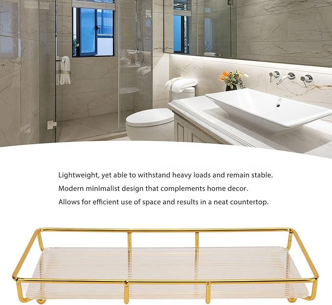 Restokki Bathroom Countertop Tray Stainless Steel Acrylic Modern Minimalist Design Storage Shelf Vanity Tray for Cosmetics Living Goods (Gold Single Layer Large Size)