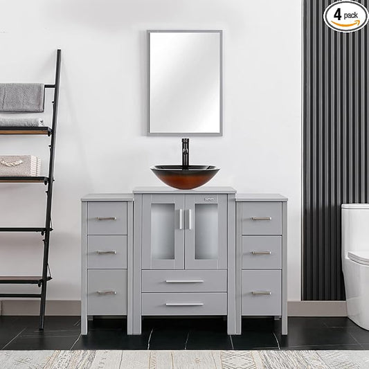 eclife 48" Modern Bathroom Vanity Sink Combo Freestanding Cabinet with Small Side Cabinet, Brown Square Glass Vessel Sink, Water Save Faucet, Drain (Gray+A48)
