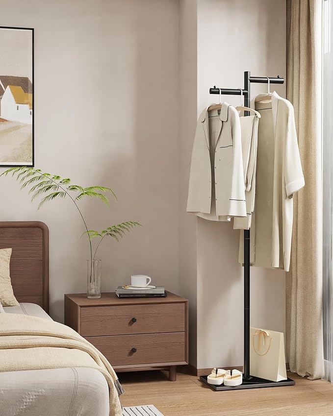 Free-standing Metal Coat Racks, Modern Garment Rack, Z-shaped Coat Tree with Natural Rock Base, for Bedroom, Office, Hallway, Entryway, Living Room, 175cm, Blackness