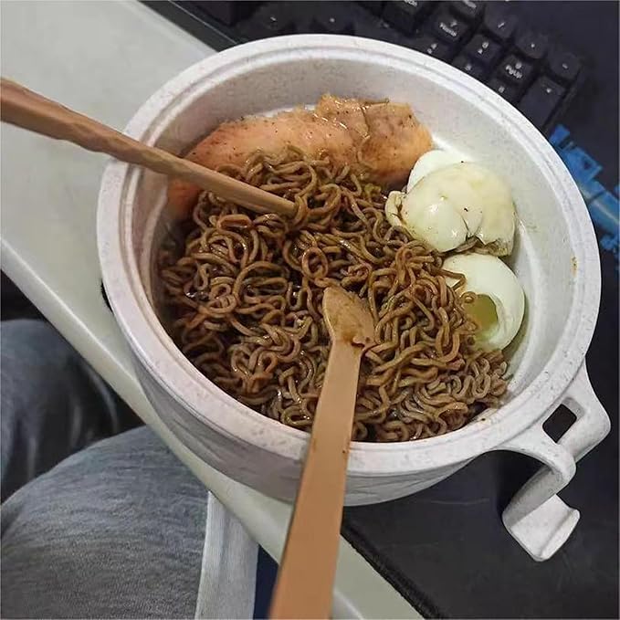 Microwave Ramen Bowl Cooker Set - Wheat Straw Instant Noodles Bowl with Handles, Ramen Noodle Cooker with Spoon Chopsticks Fork, College Dorm Room Apartment Essentials (Black+White)