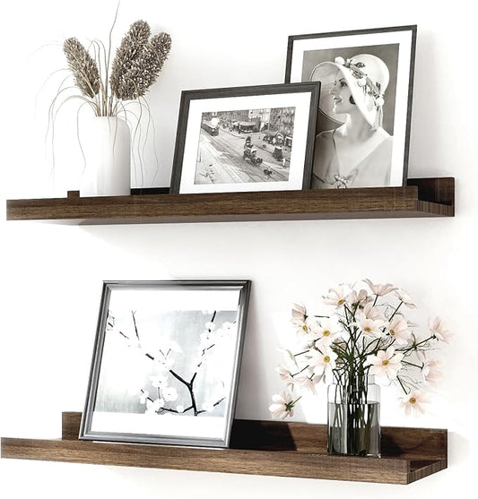 Floating Shelves for Wall Decor, Wall Mounted Wood Storage Shelf for Bedroom, Living Room, Bathroom, Kitchen, Nursery, Rustic Display Picture Ledge Shelf with Lip Set of 2-16 Inches, Walnut