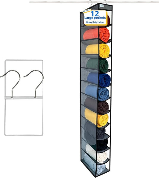 Closet Organization,12 Section,Hanging Closet Organizer,Space Saving, College Dorm Essentials for Girls, Heavy dutys Hooks Up to 45 Pounds, Clothes Storage,Closet Organizer,Grey/Black