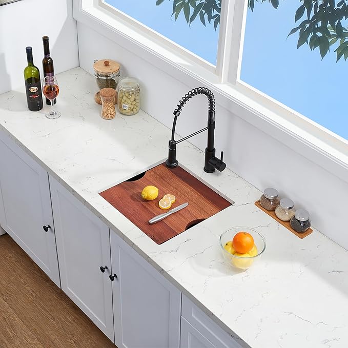 Undermount Kitchen Sink, 18 x 18 x 10 Inch Sink Kitchen 16 Gauge Gunmetal Black Stainless Steel Kitchen Sinks Single Bowl Workstation Sink with Cutting Board