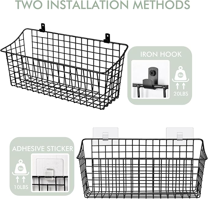 Large Wall Hanging Baskets - 2 Set Rustproof Rubber Coating Wall Shelving Organizers - Metal Wire Basket Storage No Drill Adhesive Wall Mount for Shower Kitchen Laundry Pantry Cabinet RV (Black)