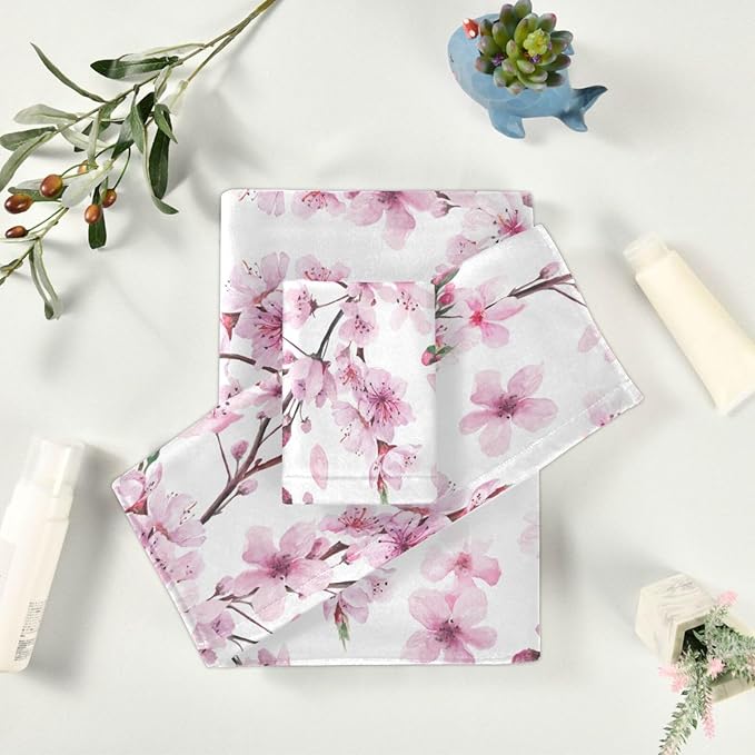 Cherry Blossoms Flowes Towels Set of 3 Watercolor Pink Floral Sakura Branch Bathroom Towel Soft Absorbent Bath Hand Towels Washcloth Guest Towel Sets Bathroom Decorations