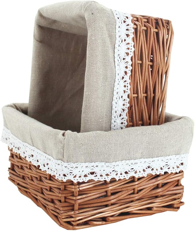 KINGWILLOW Wicker Storage Basket with Liner 3pcs Small Willow Rectangular Handmade Basket for Sundries neatening, (3pcs)