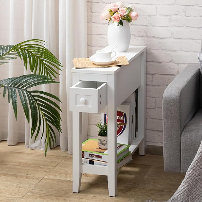 Narrow Side Table with Storage Drawer - White Slim Nightstand for Small Spaces