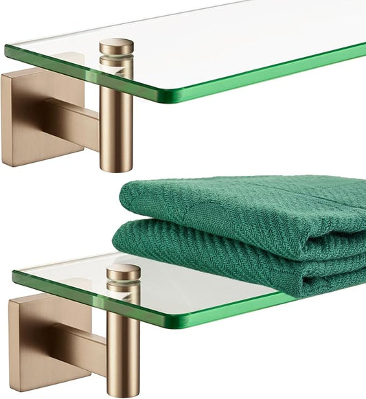 KOKOSIRI Wall Shelves Bathroom Hardware Glass Floating Shelf Small Hanging Rack Storage/Room Decor 16-Inch Champagne Bronze 2 Pack B1105CPG-L16-P2