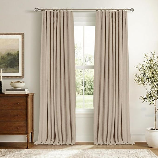 INOVADAY 100% Blackout Curtains for Bedroom, Black Out Curtains 96 Inch Long, Clip Rings Linen Blackout Drapes, Thermal Insulated Room Darkening for Living Room, 2 Panels - Burlywood Birch,W50xL96