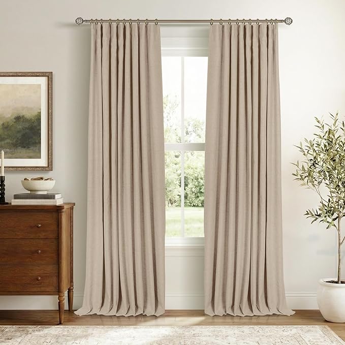 INOVADAY 100% Blackout Curtains for Bedroom, Black Out Curtains 90 Inch Long, Clip Rings Linen Blackout Drapes, Thermal Insulated Room Darkening for Living Room, 2 Panels - Burlywood Birch,W50xL90