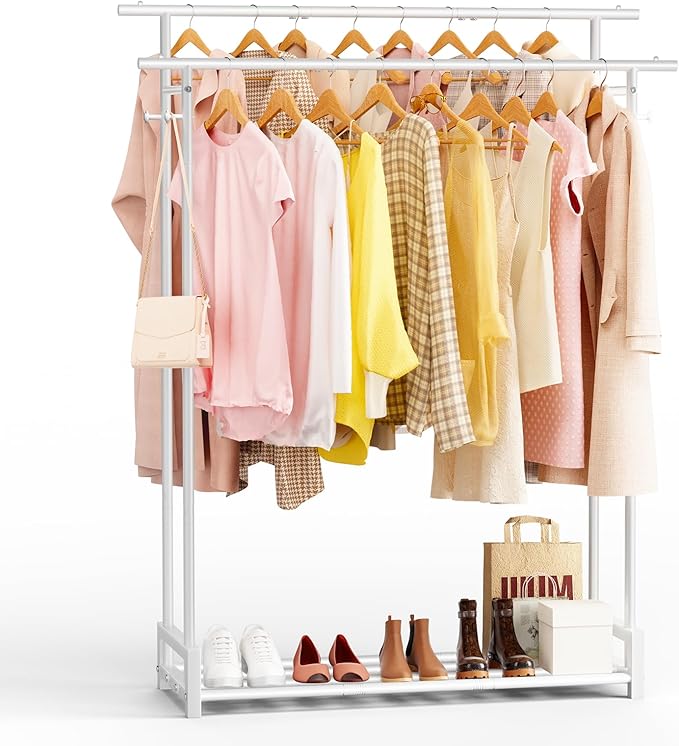 Clothes Rack for Hanging Cloth,Double Rods Metal Clothes Rack with Storage Shelf and Coat/Hat Hook, Freestanding Clothing Rack for Bedroom, Laundry, Cloakroom, White