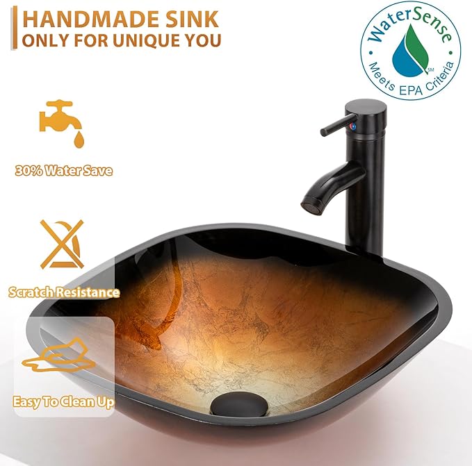 eclife 36" Modern Bathroom Vanity Sink Combo Freestanding Cabinet with Small Side Cabinet, Brown Square Glass Vessel Sink, Water Save Faucet, Drain (Black+A48)