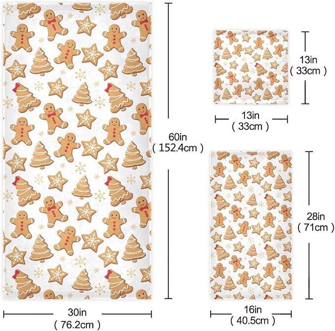 Gingerbread Man Towels Set of 3 Christmas Winter Bathroom Towel Soft Absorbent Bath Hand Towels Washcloth Guest Towel Sets Xmas Holiday Bathroom Decorations