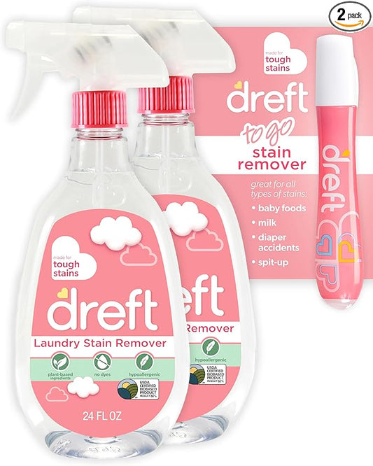 Dreft Stain Remover for Baby Clothes and Hypoallergenic Baby Stain Remover Spray Plus Travel Size Stain Treater Pen, 24 Fl Oz ( Pack of 2 + Stain Pen)