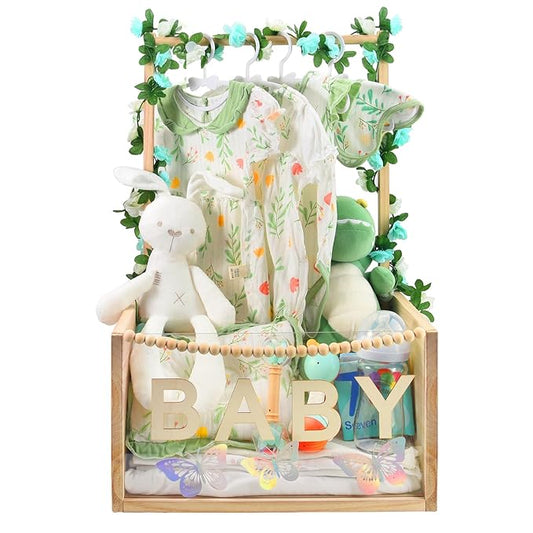 PIIOSER Baby Shower Crate Closet, Multifunctional Wooden & Acrylic Visible Baby Storage Box with Handle, Newborn Welcome Baby Toy Baskets for Boys Girls, Pregnancy Gifts for New Moms(Beige)