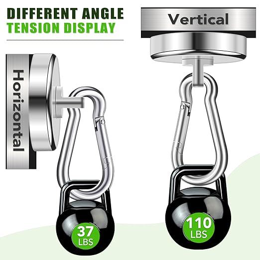 E BAVITE Magnetic Hooks,100LBS Strong Heavy Duty Neodymium Magnet Hooks with Swivel Carabiner Hook,Great for Your Kitchen,Refrigerator and Other Magnetic Surfaces(4 Pack), Silvery