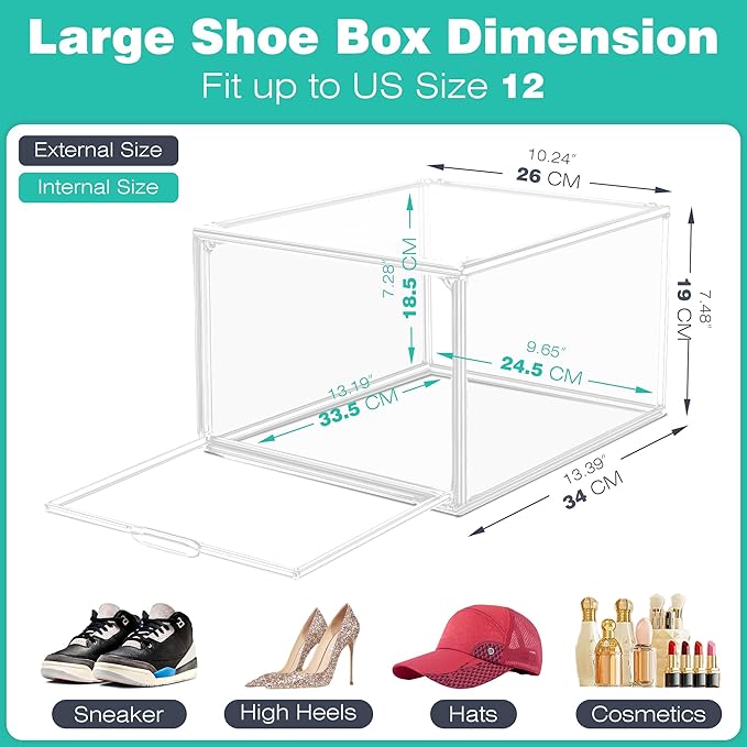 2 Pack Drop-Front Clear Shoe Storage Box Acrylic Box Shoe Organizer Size 12, Stackable Shoe Tower with Magnetic Door Storage Cubbies for Sneaker Containers Boot Display & Closet Organization