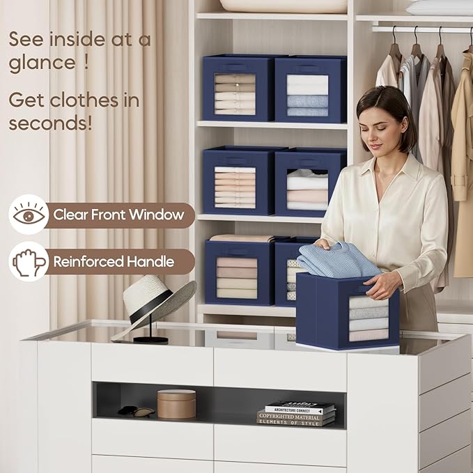 Storage Cube 11 Inch - Cube Storage Bins with Window, Closet Storage Baskets with Handle, Fabric Bins for Closet, Shelves, Toys, Clothes, Set of 10, Navy Blue