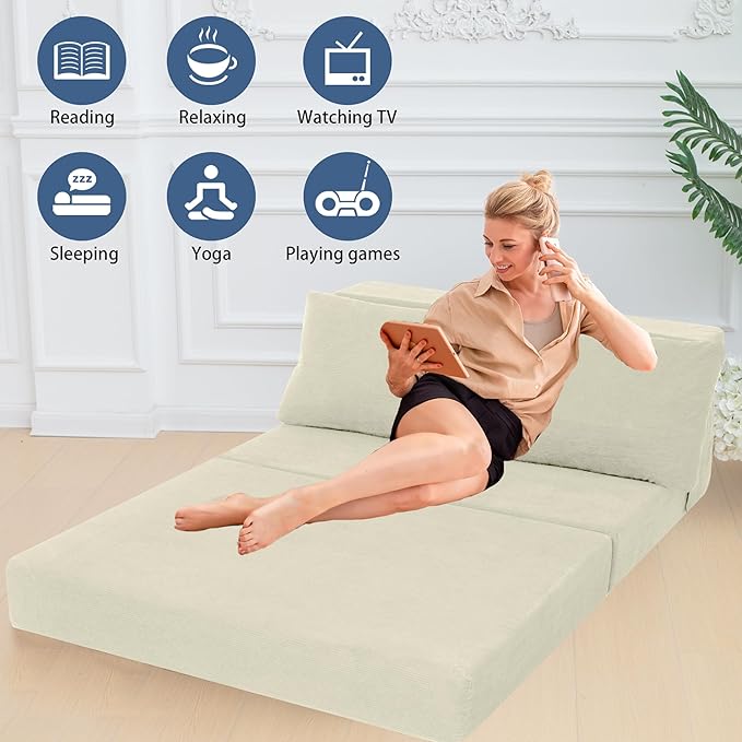 Sofa Bed Foldable Mattress ，Folding Sleeper Sofa Chair Bed Floor Mattress with Pillow for Living Room Home Office (Off White- Corduroy, Twin)