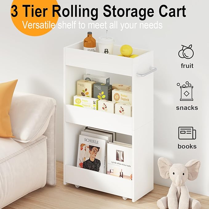 MARTY Wood Rolling Storage Cart 7.9" W, 3 Tier White Slim Utility Kitchen Cart on Wheels Laundry Room Bathroom Organizers Narrow Shelves with Handle Mobile Shelving Unit for Small Places