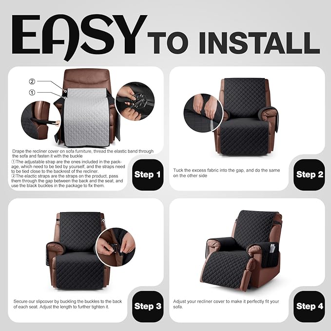 KinCam 100% Waterproof Recliner Chair Cover, Reclining Couch Covers for Pets, Dogs, Recliner Couch Slipcover Furniture Protector with Elastic Straps for Kids(30", Black)