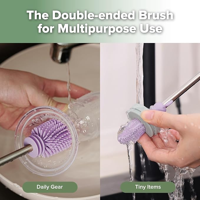 Cleaning Brush Silicone Bottle Brush Double-Ended Soft Silicone Bristles for Breast Pumps, Breast Milk Collectors, Baby Bottles, Teats, Breastmilk Storage Bags, Lavender -1pk