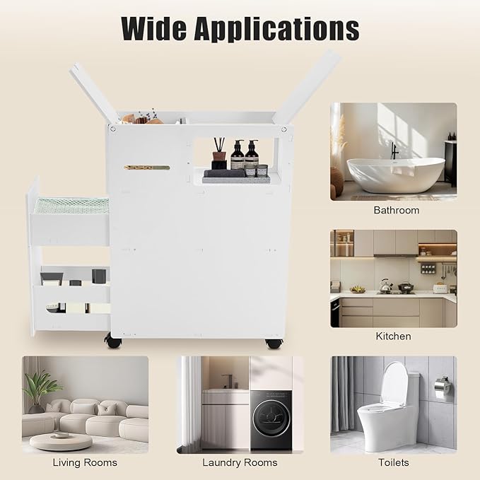 Small Bathroom Storage Cabinet with Lockable Wheels, Narrow Floor Organizer for Small Space, Rolling Toilet Paper Holder with Slide Out Drawers, Vertical Bathroom Organizer Next to Toilet