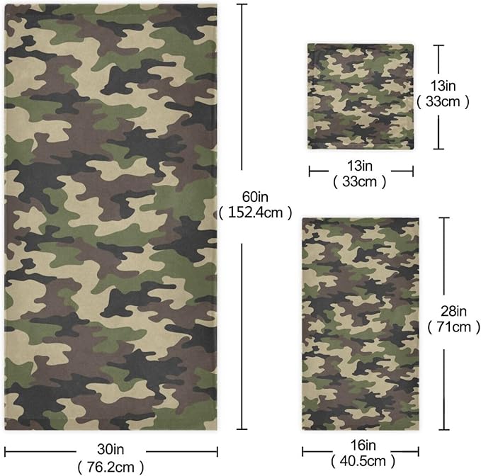 3 Piece Military Camouflage Bath Towel Set,Microfiber Decorative Green Black Army Camo Hunting Themed Bathroom Towels,1 Bath Towel 1 Hand Towel for Bathroom Kitchen,1 Washcloth for Face