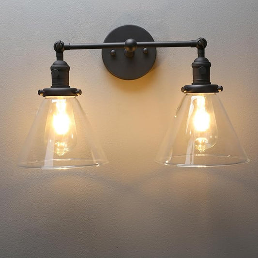 PERMO Double Sconce Vintage Industrial 2-Lights Sconce Antique Wall Sconces with Funnel Flared Glass Clear Glass Shade Vanity Light for Bathroom (Matte Black)