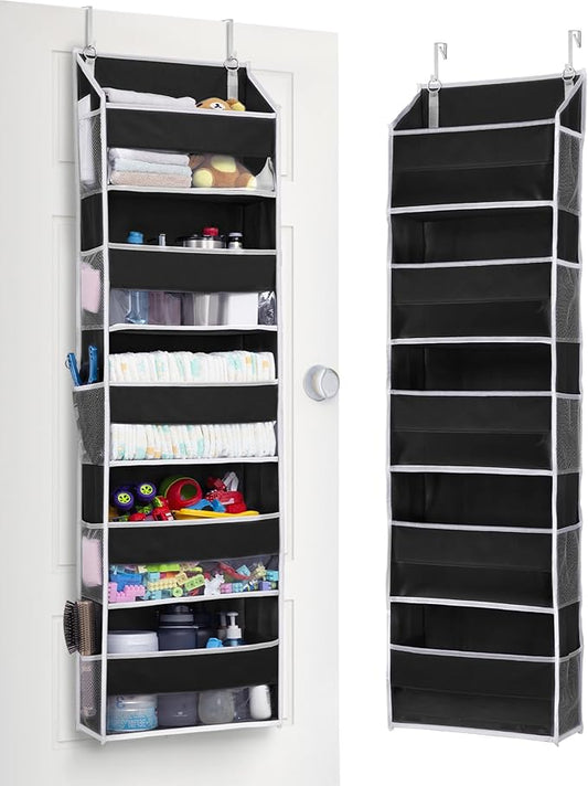 1 Pack Over The Door Organizer – 5 Shelf Door Organizer Hanging & 10 Side Pockets, Reinforced 44LB Capacity Hanging Organizer, Behind The Door Storage for Bedroom, Nursery, Pantry (Black)